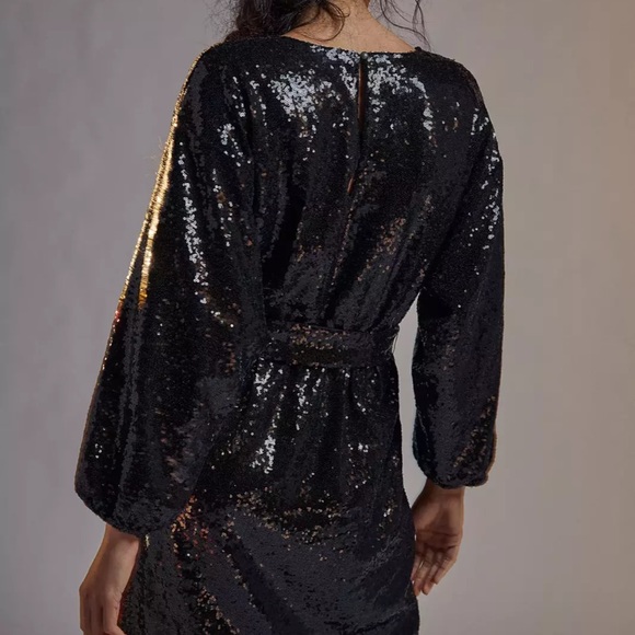 Anthropologie Sequin Mini Wrap Dress in Black XS - Picture 3 of 16